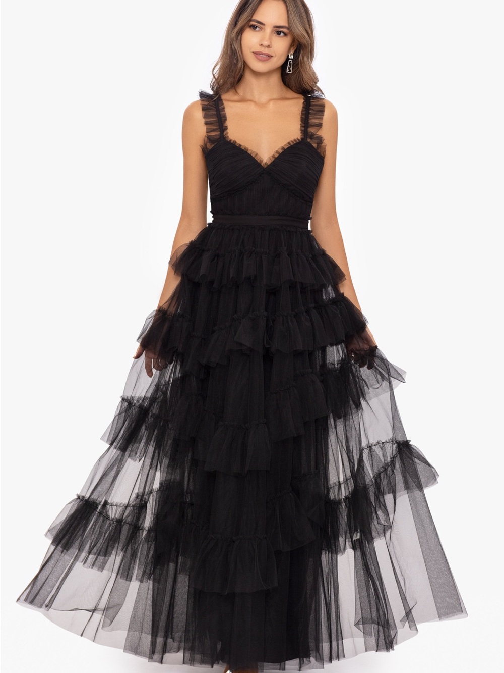 Betsy and Adam ‘Gigi’ Long Ruffle Mesh Dress